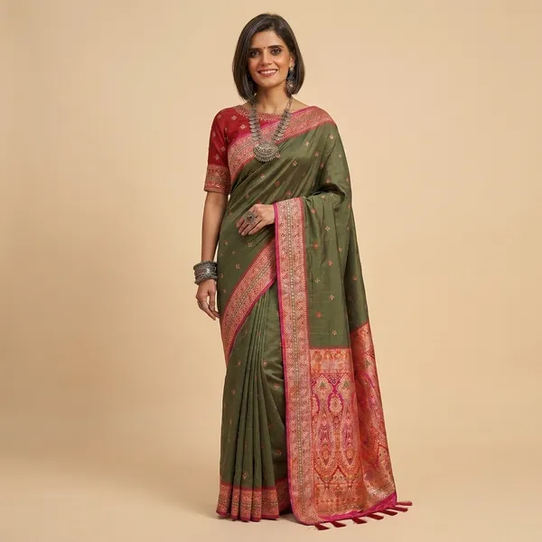 Olive_Green_Silk_Zari_Woven_Banarasi_Saree_For_Women