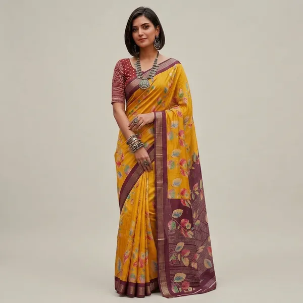 Yellow_Silk_Floral_Print_Saree_For_Women