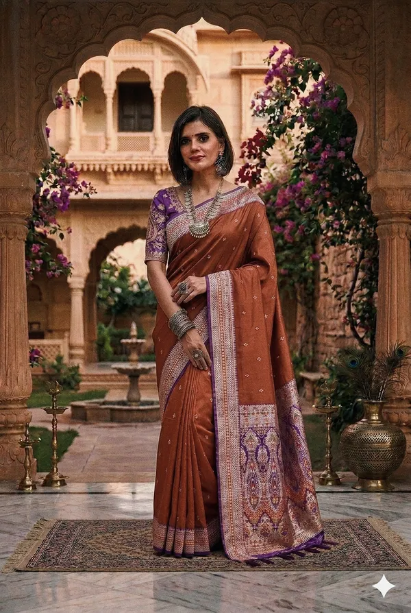Rust_Silk_Woven_Booti_Ikat_Border_Saree_For_Women