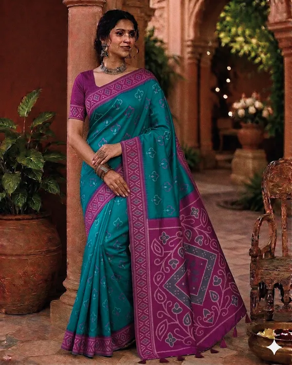 Teal_Silk_Bandhani_Print_Purple_Border_Saree_For_Women