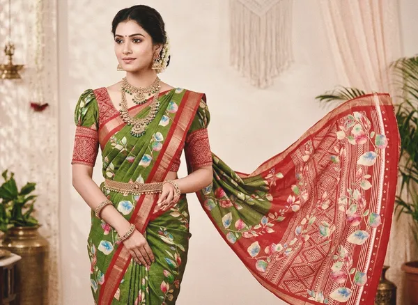 Green_Silk_Floral_Print_Saree_With_Red_Border_For_Women