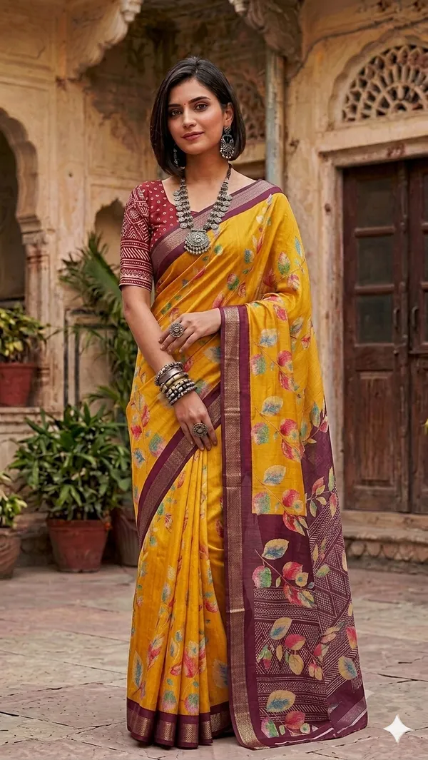 Yellow_Silk_Floral_Print_Saree_For_Women
