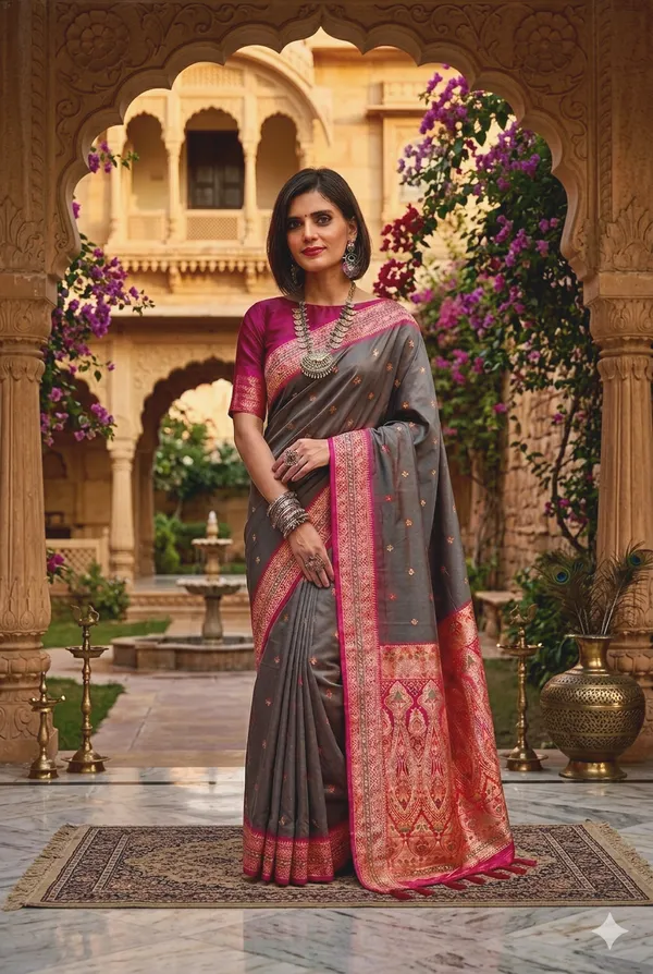 Grey_Silk_Zari_Woven_Border_Banarasi_Saree_For_Women
