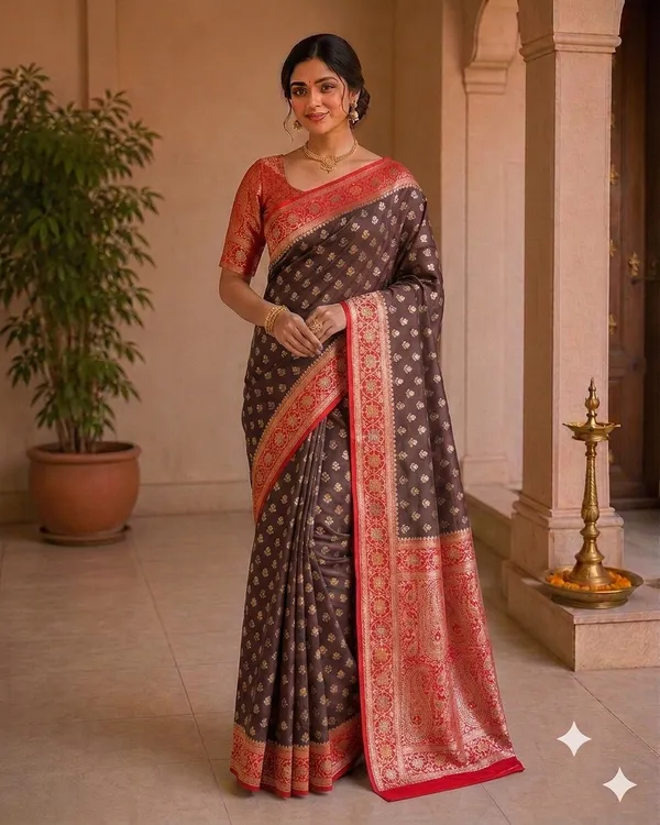 Brown_And_Red_Silk_Woven_Zari_Border_Banarasi_Saree_For_Women
