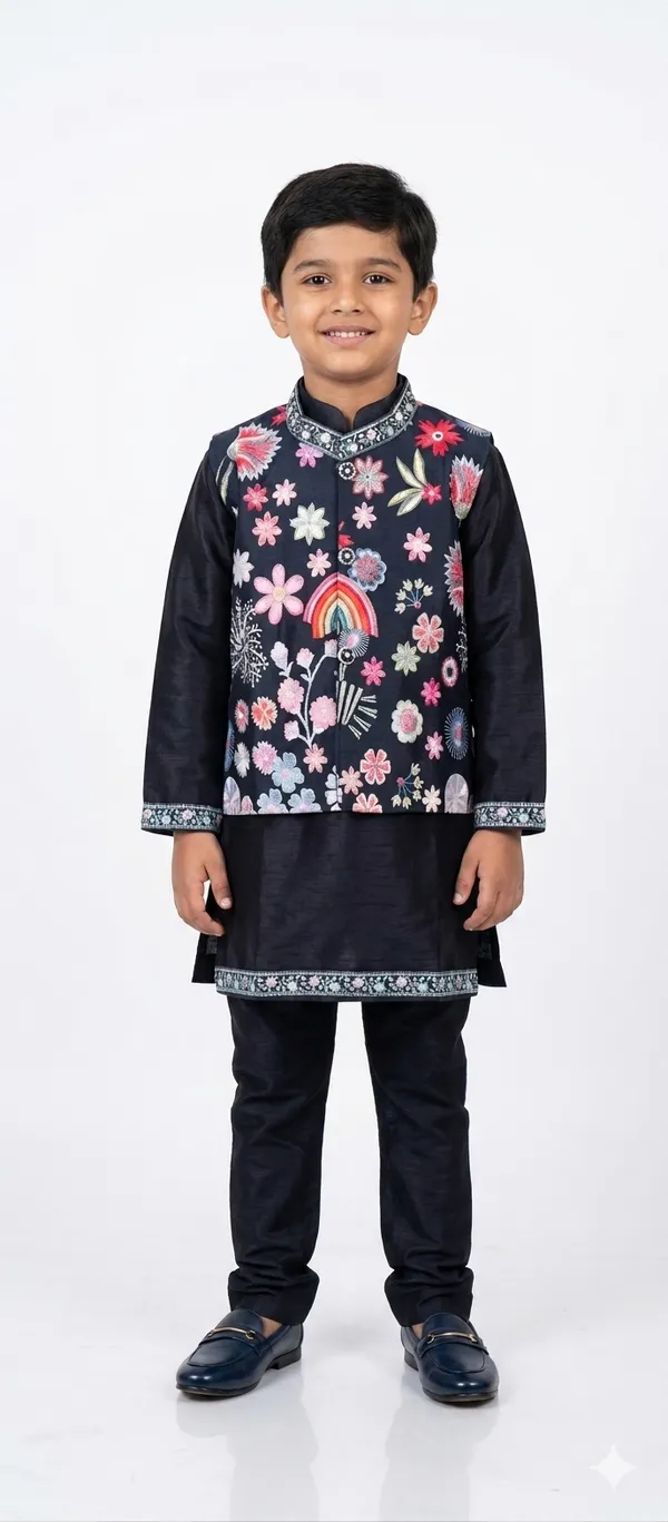 Navy_Blue_Cotton_Floral_Embroidered_Nehru_Jacket_Kurta_Set_For_Boys