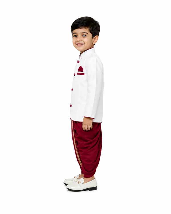 White_And_Maroon_Cotton_Nehru_Jacket_Dhoti_Set_For_Boys