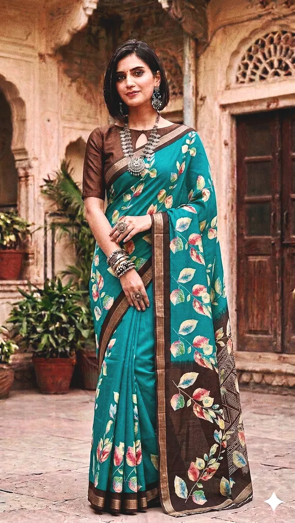 Teal_Silk_Floral_Print_Saree_With_Brown_Border_For_Women