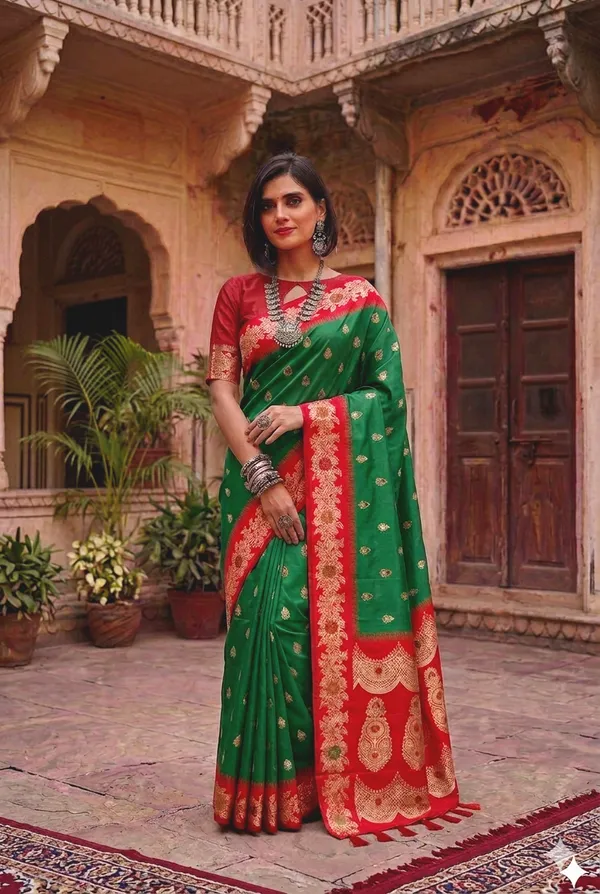 Green_And_Red_Silk_Zari_Woven_Red_Border_Banarasi_Saree_For_Women