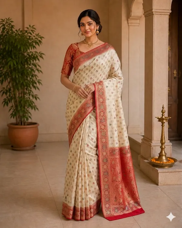 Off_White_Silk_Woven_Red_Border_Banarasi_Saree_For_Women