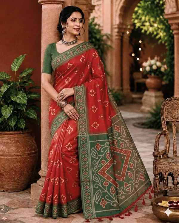 Red_Silk_Bandhani_Print_Woven_Saree_For_Women