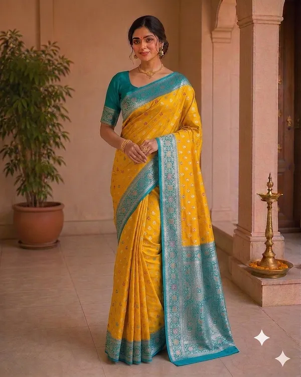 Yellow_Silk_Woven_Teal_Zari_Border_Banarasi_Saree_For_Women