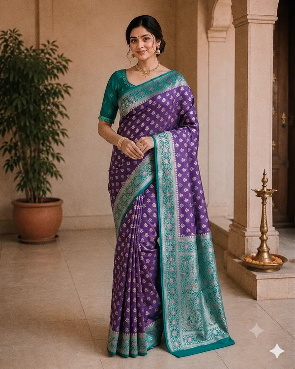 Purple_And_Blue_Silk_Woven_Teal_Zari_Border_Banarasi_Saree_For_Women
