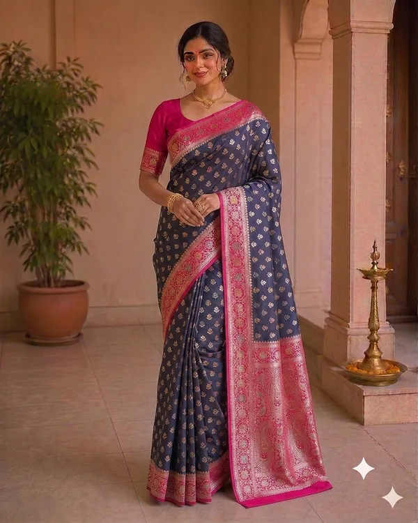 Grey_Silk_Woven_Pink_Border_Banarasi_Saree_For_Women