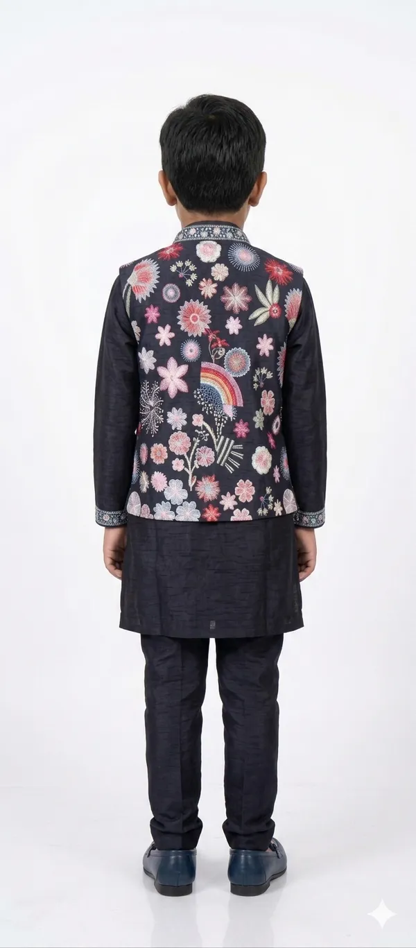 Navy_Blue_Cotton_Floral_Embroidered_Nehru_Jacket_Kurta_Set_For_Boys