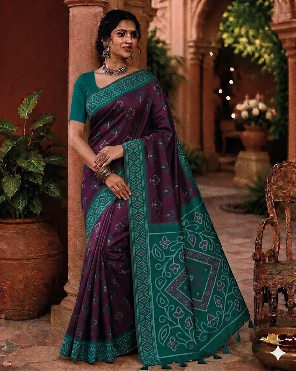 Purple_And_Blue_Silk_Bandhani_Print_Saree_With_Green_Border_For_Women