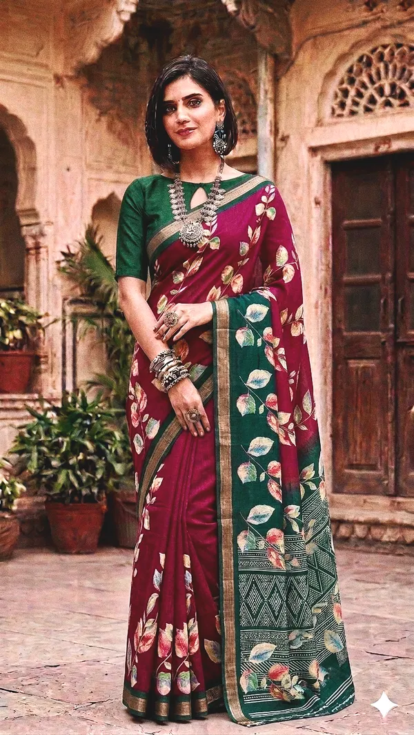 Maroon_And_Green_Silk_Floral_Print_Zari_Border_Saree_For_Women
