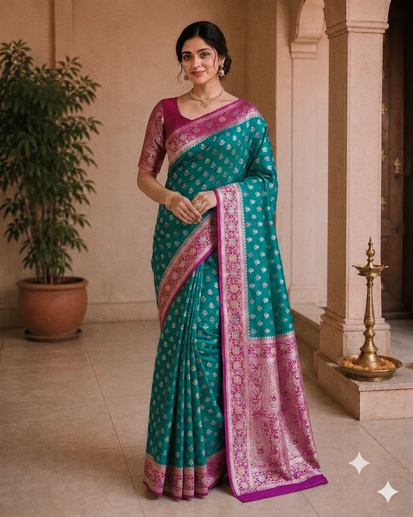Teal_Silk_Woven_Magenta_Border_Banarasi_Saree_For_Women