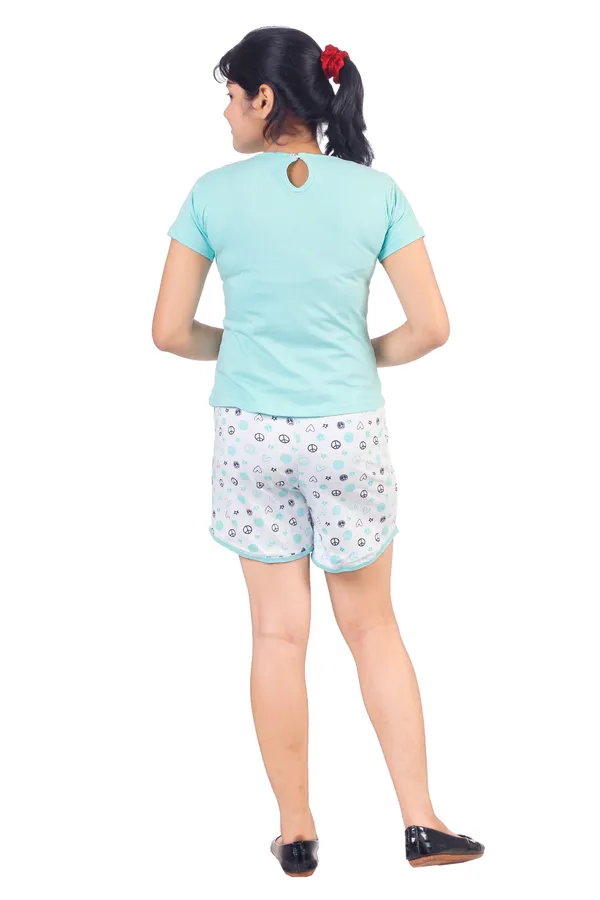 Sea_Green_Cotton_Printed_Top_And_Shorts_Sleepwear_Set_For_Kids_Girl