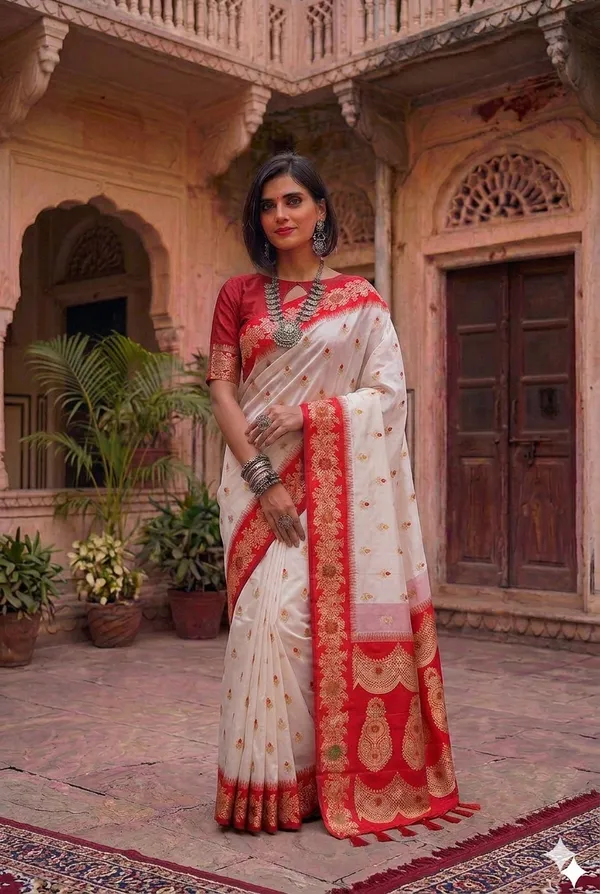 White_And_Red_Silk_Zari_Woven_Banarasi_Saree_For_Women