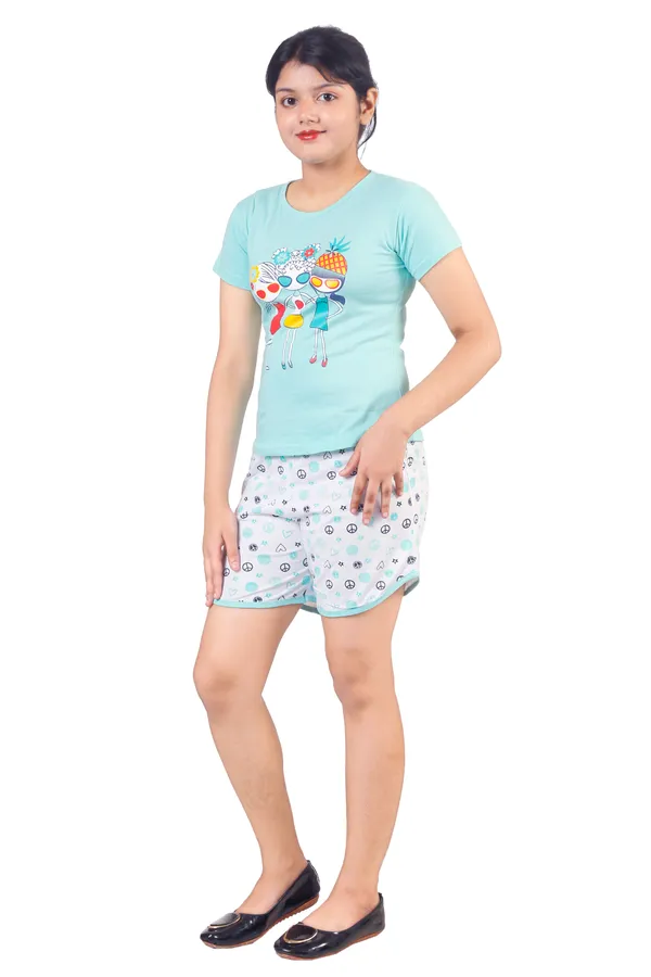 Sea_Green_Cotton_Printed_Top_And_Shorts_Sleepwear_Set_For_Kids_Girl