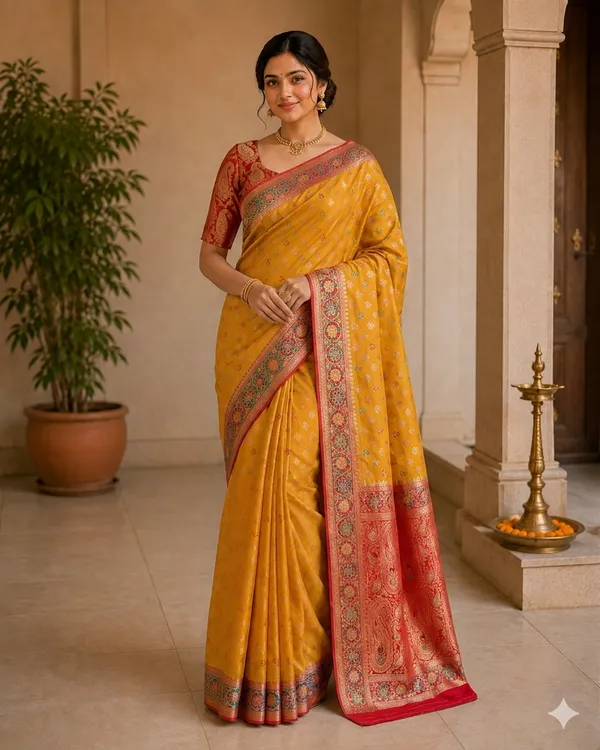 Yellow_Silk_Woven_Red_Border_Banarasi_Saree_For_Women