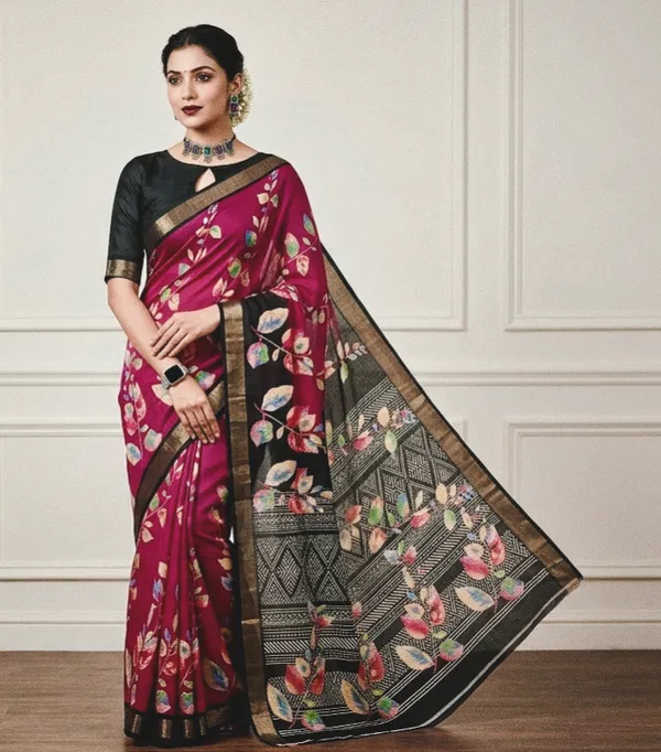Magenta_And_Black_Silk_Floral_Print_Zari_Border_Saree_For_Women