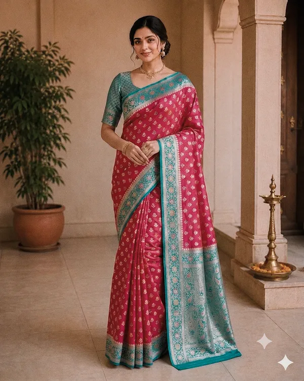 Pink_Silk_Woven_Teal_Border_Banarasi_Saree_For_Women