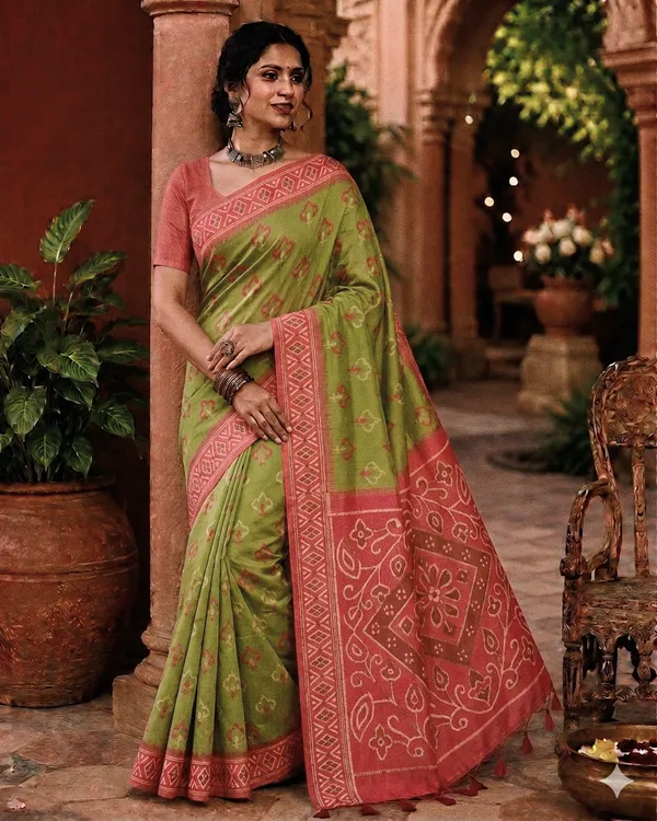 Green_Silk_Bandhani_Print_Saree_With_Pink_Border_For_Women