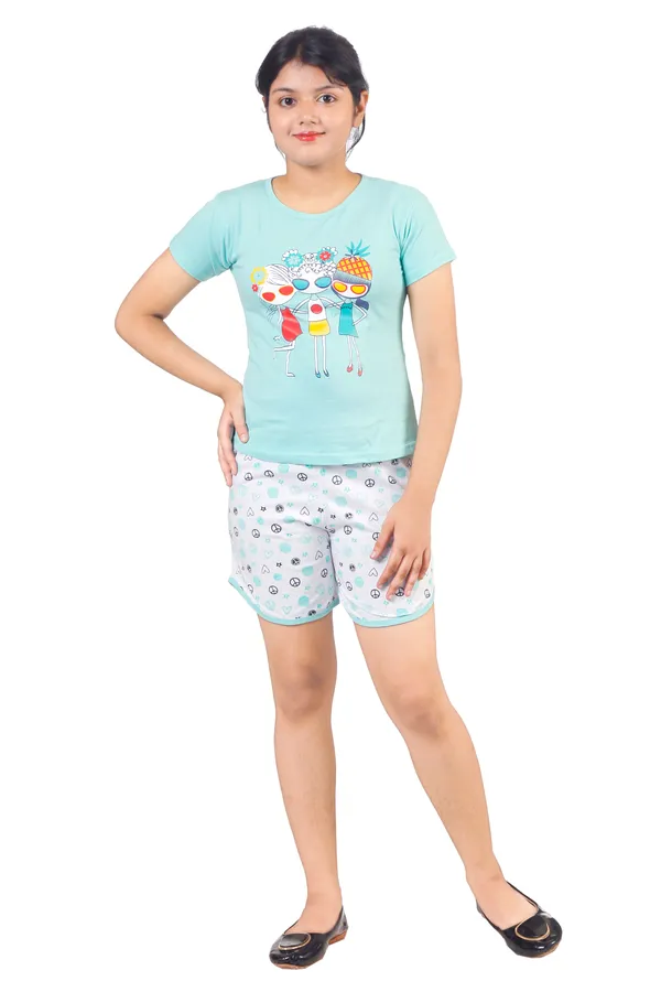 Sea_Green_Cotton_Printed_Top_And_Shorts_Sleepwear_Set_For_Kids_Girl