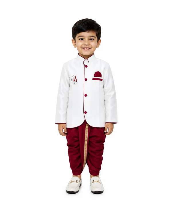 White_And_Maroon_Cotton_Nehru_Jacket_Dhoti_Set_For_Boys