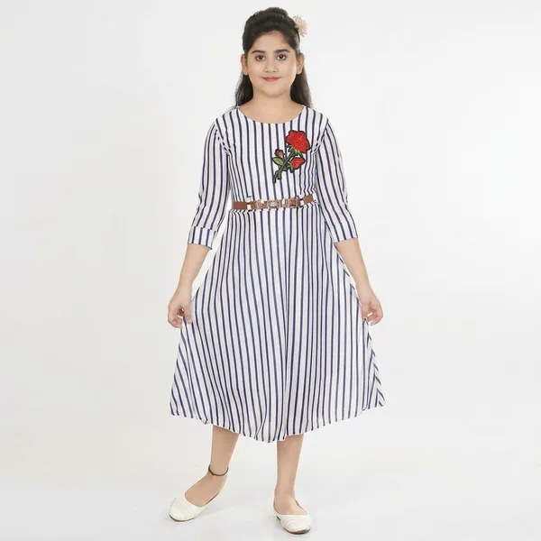 White_And_Blue_Striped_Fit_And_Flare_Midi_Dress_For_Girls
