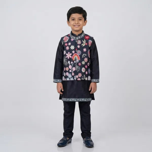 Navy_Blue_Cotton_Floral_Embroidered_Nehru_Jacket_Kurta_Set_For_Boys
