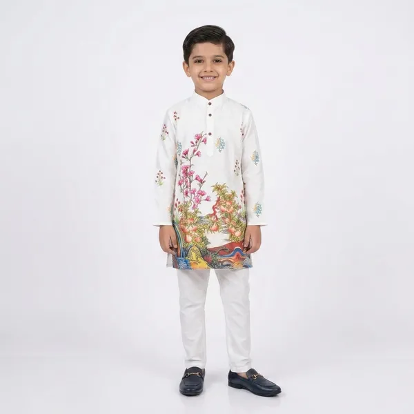 White_Cotton_Floral_Print_Straight_Kurta_Pyjama_Set_For_Boys