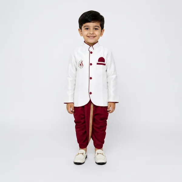 White_And_Maroon_Cotton_Nehru_Jacket_Dhoti_Set_For_Boys