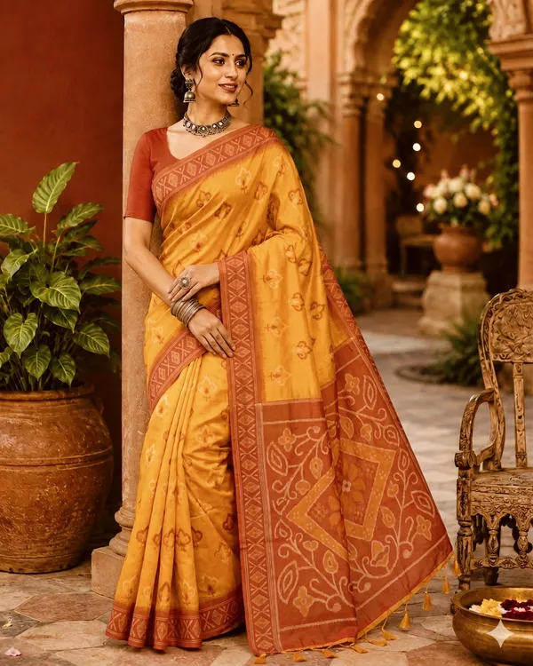 Mustard_Yellow_Silk_Woven_Rust_Border_Saree_For_Women