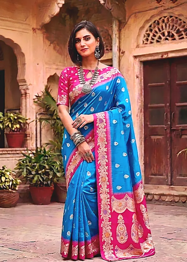 Blue_Silk_Zari_Floral_Woven_Banarasi_Saree_For_Women