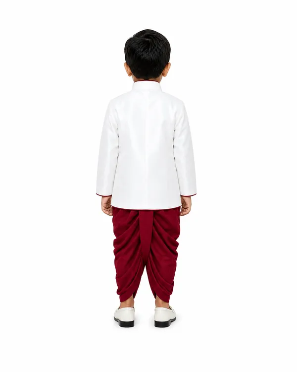 White_And_Maroon_Cotton_Nehru_Jacket_Dhoti_Set_For_Boys