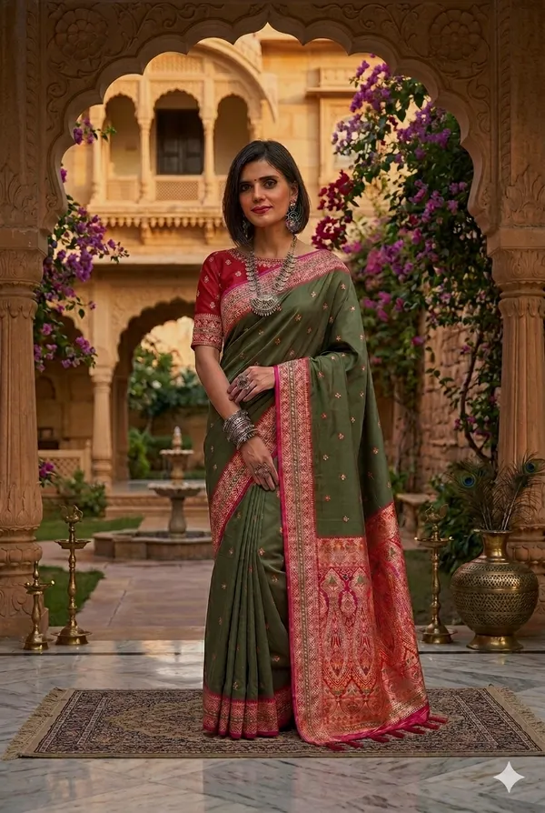 Olive_Green_Silk_Zari_Woven_Banarasi_Saree_For_Women