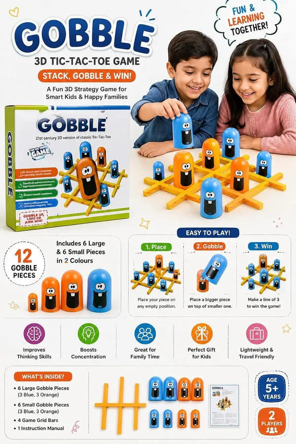 GC_Gobble_3D_Tic_Tac_Toe_Board_Game_for_Kids_&_Family_|_Strategy_Thinking_Game_|_2_Players_|_Age_5+