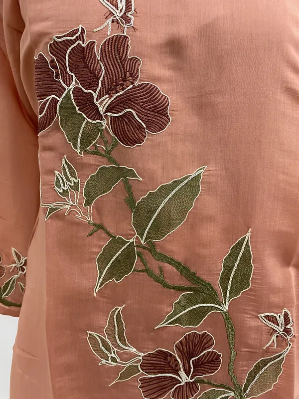Dusty_Peach_Mal_Chanderi_Floral_Embroidered_V-Neck_Kurta_Set_For_Women