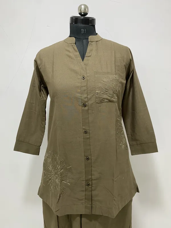 Olive_Linen_Cotton_Floral_Embroidered_Kurta_Pant_Co-Ord_Set_For_Women