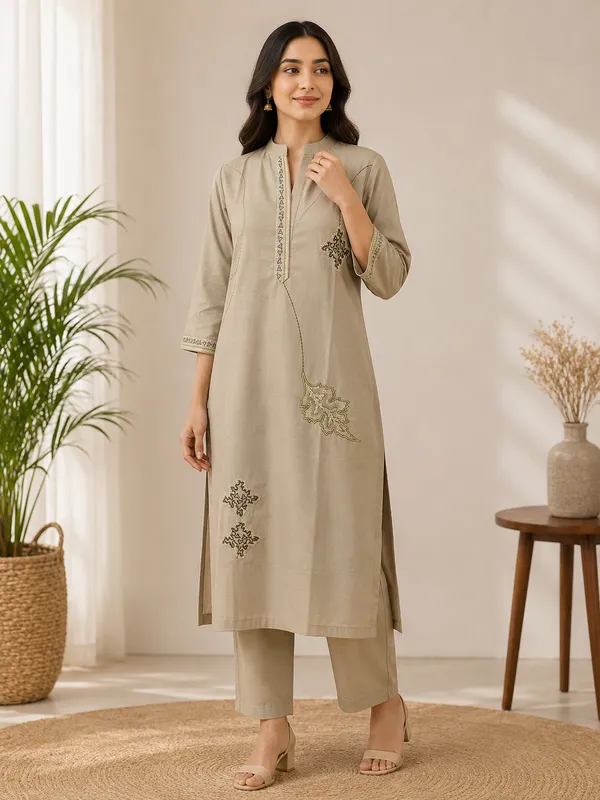 Beige_Cotton_Embroidered_Kurta_Pant_Co-Ord_Set_For_Women