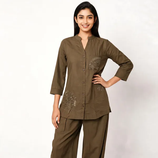 Olive_Linen_Cotton_Floral_Embroidered_Kurta_Pant_Co-Ord_Set_For_Women