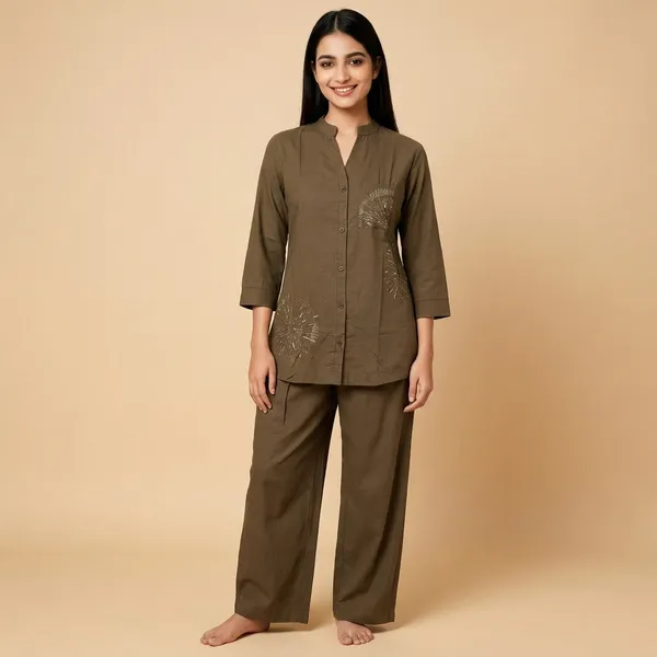 Olive_Linen_Cotton_Floral_Embroidered_Kurta_Pant_Co-Ord_Set_For_Women