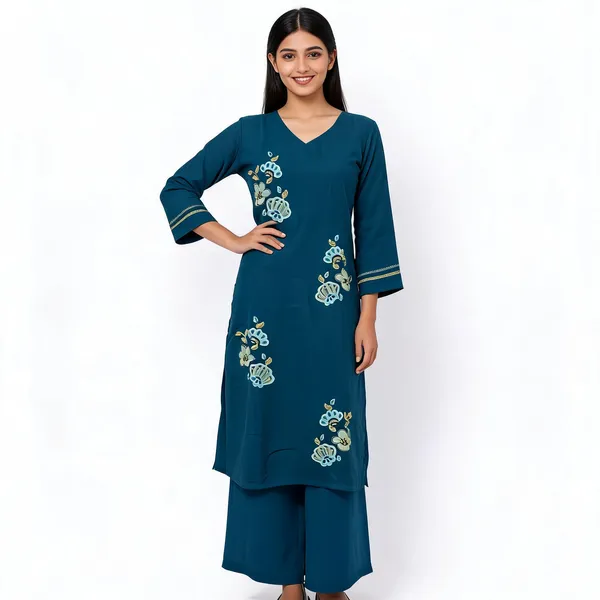 Teal_Blue_Mal_Chanderi_Floral_Embroidered_V-Neck_Kurta_Set_For_Women