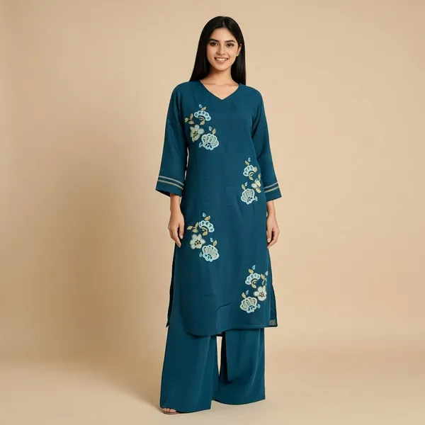 Teal_Blue_Mal_Chanderi_Floral_Embroidered_V-Neck_Kurta_Set_For_Women