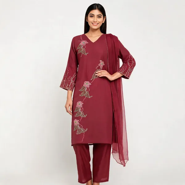 Cherry_Red_Mal_Chanderi_Floral_Embroidered_Kurta_Set_With_Dupatta_For_Women