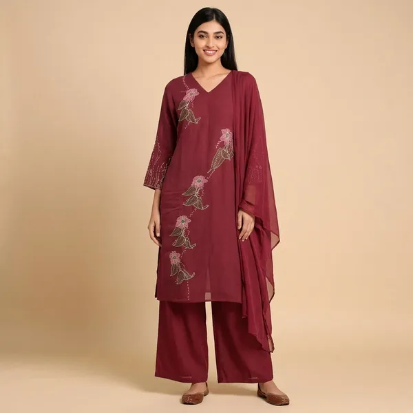 Cherry_Red_Mal_Chanderi_Floral_Embroidered_Kurta_Set_With_Dupatta_For_Women