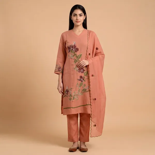 Dusty_Peach_Mal_Chanderi_Floral_Embroidered_V-Neck_Kurta_Set_For_Women