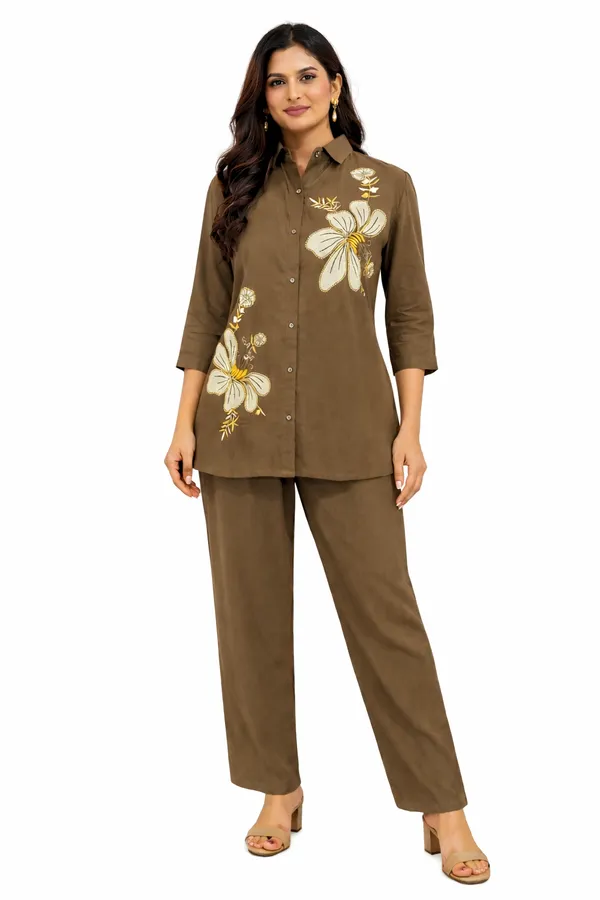Olive_Brown_Linen_Cotton_Floral_Embroidered_Kurta_Pant_Co-Ord_Set_For_Women